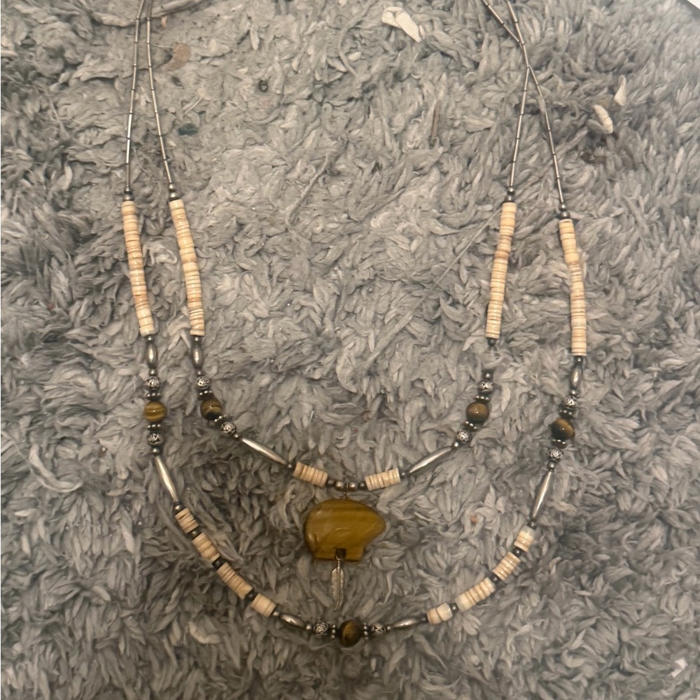Triple-Strand Beaded Necklace with Olive-Green Stone Pendant